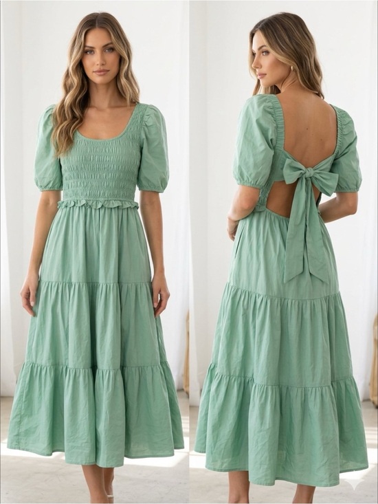 &merci Dresses & Skirts - &Merci Sage Green Smocked Open Tie Back Tiered Puff Sleeve Coquette Midi Dress S